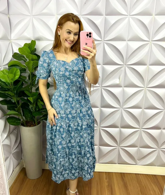 Vestido Tricoline Mídi Floral Angela - Azul - Milla Chic