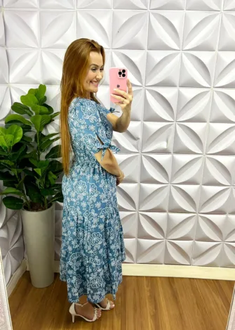 Vestido Tricoline Mídi Floral Angela - Azul - Milla Chic