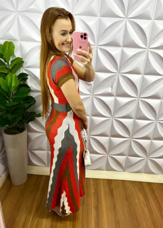 Vestido Tricot Com Listras E Pala Na Cintura Valentina - Laranja e Cinza - Milla Chic