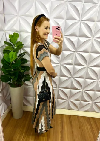 Vestido Tricot Com Listras E Pala Na Cintura Valentina - Cinza e Preto - Milla Chic