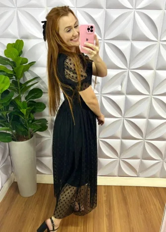 Vestido Tule Bolinha Com Guipper Longo Anastásia - Preto - Milla Chic