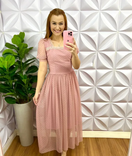 Vestido Tule Bolinha Com Guipper Longo Anastásia - Rose - Milla Chic