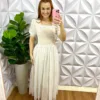 Vestido Tule Bolinha Com Guipper Longo Anastásia - Branco - Milla Chic