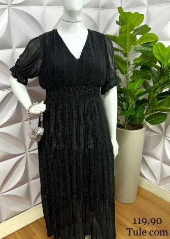 Vestido Tule Com Lurex Longo Alexa - Preto - Milla Chic