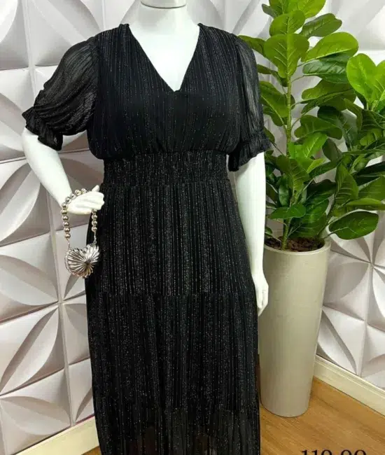 Vestido Tule Com Lurex Longo Alexa - Preto - Milla Chic