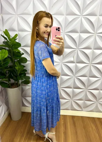 Vestido Tule Floral Com Forro Avulso Clarice - Azul - Milla Chic