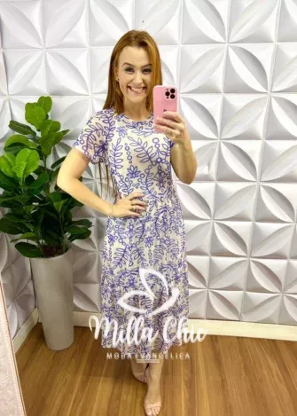 Vestido Tule Floral Com Forro Avulso Clarice - Azul com Branco - Milla Chic