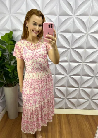 Vestido Tule Floral Com Forro Avulso Clarice - Rosa e Areia - Milla Chic