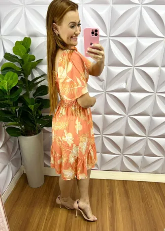 Vestido Viscolinho Estampado Curto Manga Raglan Ester - Laranja - Milla Chic