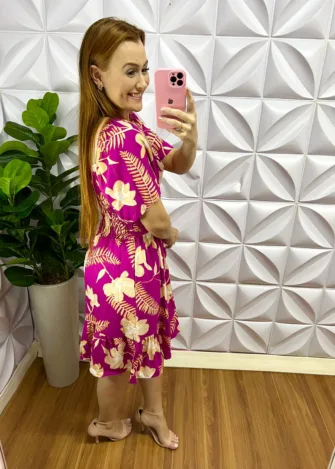 Vestido Viscolinho Estampado Curto Manga Raglan Ester - Roxo - Milla Chic