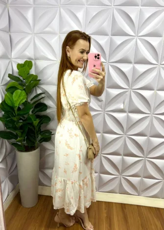 Vestido Viscolinho Estampado Decote Quadrado Edna - Branco Com Areia - Milla Chic