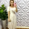 Vestido Viscolinho Estampado Decote Quadrado Edna - Branco Com Areia - Milla Chic