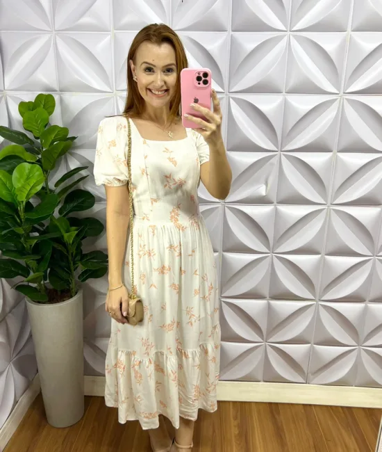 Vestido Viscolinho Estampado Decote Quadrado Edna - Branco Com Areia - Milla Chic