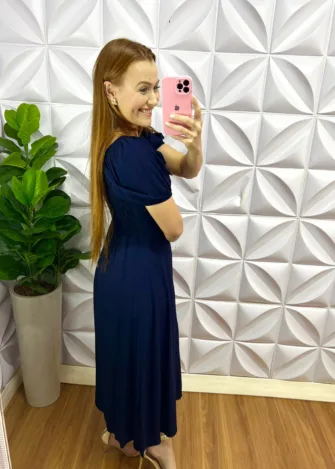 Vestido Viscolinho Estampado Elisa - Azul Marinho - Milla Chic