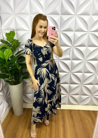 Vestido Viscolinho Estampado Elisa - Azul Marinho - Milla Chic
