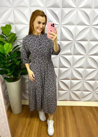 Vestido Viscolinho Manga 7/8 Floral Larayne - Azul - Milla Chic