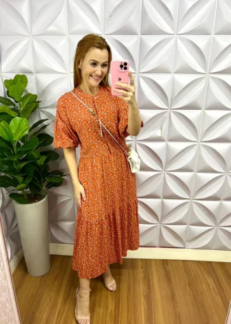 Vestido Viscolinho Manga 7/8 Floral Larayne - Laranja - Milla Chic