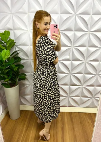 Vestido Viscolinho Manga Raglan Com Lastex Sophia - Preto - Milla Chic