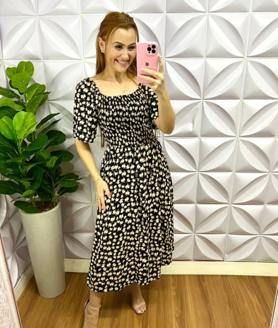 Vestido Viscolinho Manga Raglan Com Lastex Sophia - Preto - Milla Chic