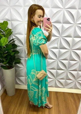 Vestido Viscolinho Mídi Floral Flaviana - Verde Agua - Milla Chic