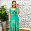 Vestido Viscolinho Mídi Floral Flaviana - Verde Agua - Milla Chic