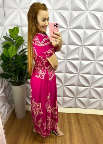 Vestido Viscolinho Mídi Floral Flaviana - Rosa - Milla Chic