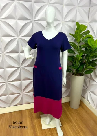 Vestido Viscolycra Com Bolso Longo Rute - Azul Com Rosa - Milla Chic