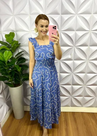 Vestido Viscose Sarjada Manga Babadinho Jessica - Azul - Milla Chic