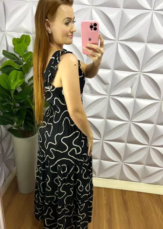 Vestido Viscose Sarjada Manga Babadinho Jessica - Preto - Milla Chic