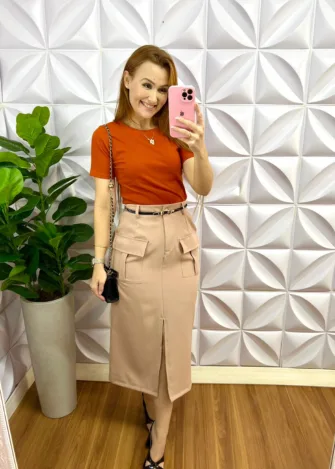 Blusa Canelada Lisa Gola U Bruna - Terra Cota - Milla Chic