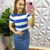 Blusa Trico Listrada Stefane - Branco com Azul - Milla Chic