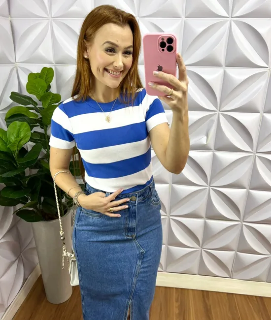 Blusa Trico Listrada Stefane - Branco com Azul - Milla Chic