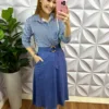 Camisa Crepe Alfaiataria Listrada Manga Longa Analice - Azul - Milla Chic