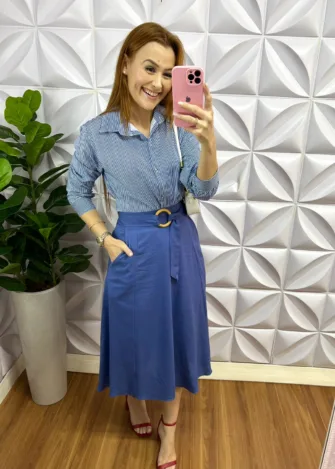 Camisa Crepe Alfaiataria Listrada Manga Longa Analice - Azul - Milla Chic