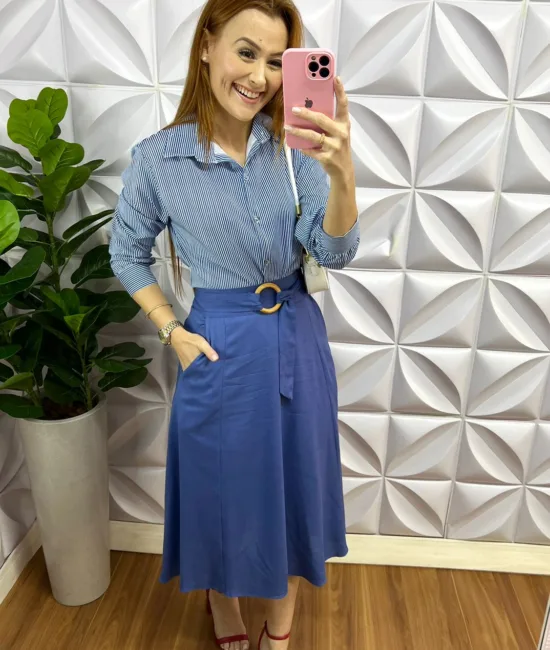 Camisa Crepe Alfaiataria Listrada Manga Longa Analice - Azul - Milla Chic