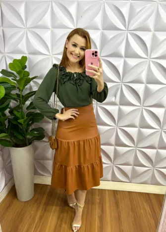 Camisa Dunna Com Trabalhado de Flor Manga Longa Florência - Verde - Milla Chic