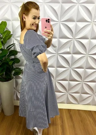 Chemise Tricoline Manga Princesa Listrado Caterina - Azul e Branco - Milla Chic