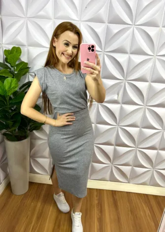 Conjunto Canelado De Algodão Mídi Simoni - Cinza - Milla Chic