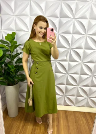 Conjunto Linho Com Elastano Mídi Com Botão Tartaruga Teresa - Verde - Milla Chic