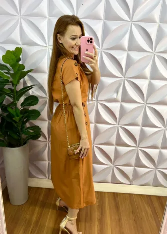 Conjunto Linho Com Elastano Mídi Com Botão Tartaruga Teresa - Mostarda - Milla Chic