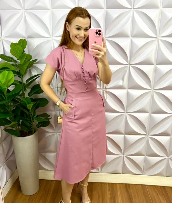 Conjunto no Linho Com botões De Perola Solange - Rosa - Milla Chic