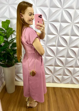 Conjunto no Linho Com botões De Perola Solange - Rosa - Milla Chic