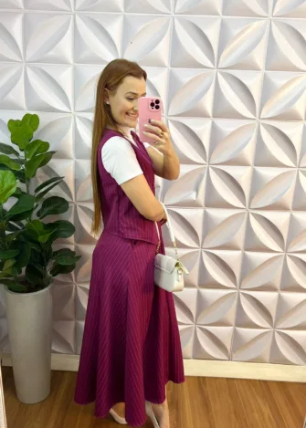 Conjunto Risca De Giz Alfaiataria Com Colete Ana Maria - Cereja - Milla Chic