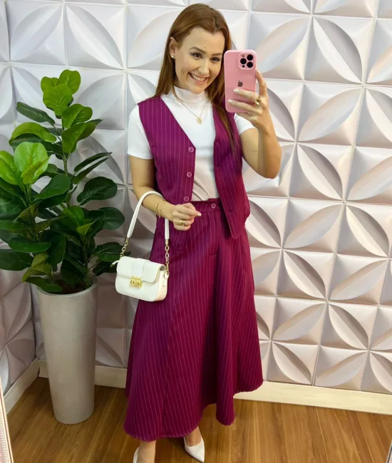 Conjunto Risca De Giz Alfaiataria Com Colete Ana Maria - Cereja - Milla Chic