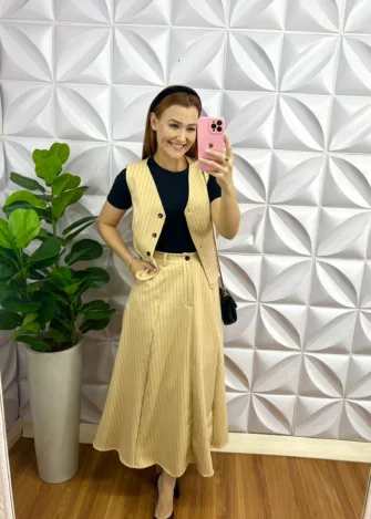 Conjunto Risca De Giz Alfaiataria Com Colete Ana Maria - Areia - Milla Chic