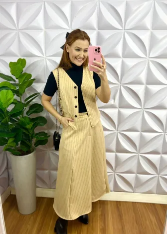 Conjunto Risca De Giz Alfaiataria Com Colete Ana Maria - Areia - Milla Chic