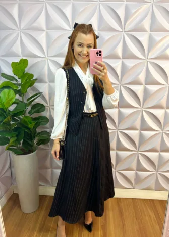 Conjunto Risca De Giz Alfaiataria Com Colete Ana Maria - Preto - Milla Chic