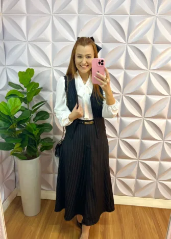 Conjunto Risca De Giz Alfaiataria Com Colete Ana Maria - Preto - Milla Chic