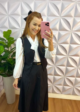 Conjunto Risca De Giz Alfaiataria Com Colete Ana Maria - Preto - Milla Chic