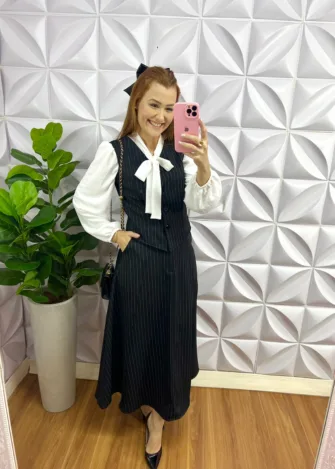 Conjunto Risca De Giz Alfaiataria Com Colete Ana Maria - Preto - Milla Chic